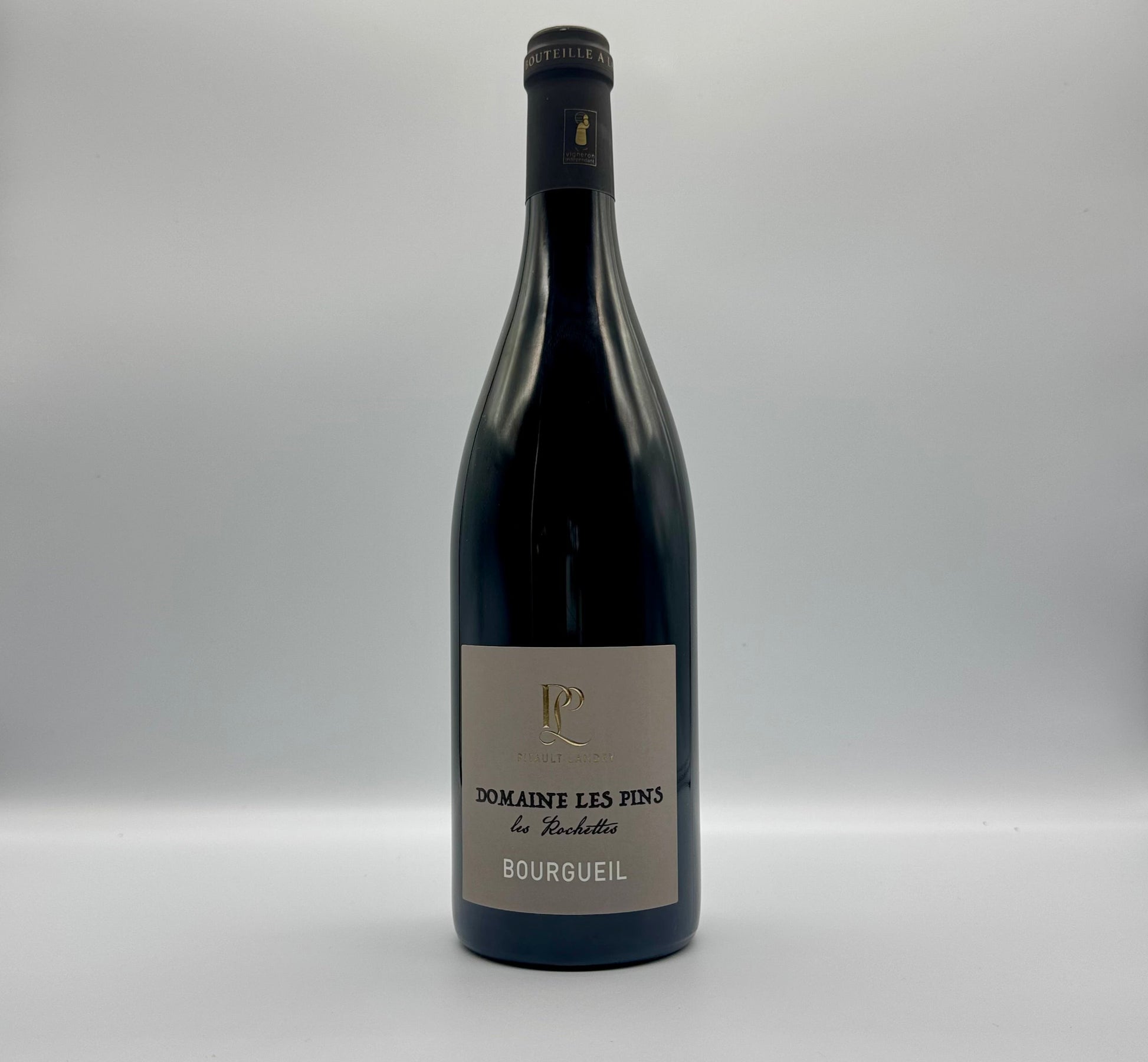 Bottle of Domaine Les Pins Bourgueil wine on a white background